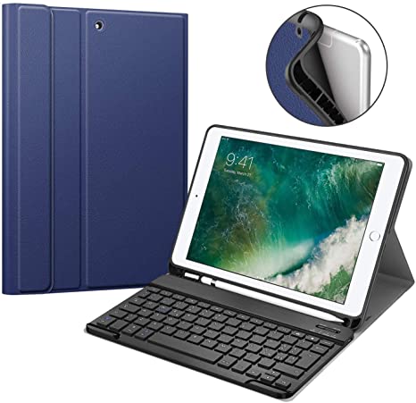 ProElite Detachable Wireless Bluetooth Keyboard Smart flip case Cover for Apple iPad 7th Generation 10.2" / Air 3 10.5" / Pro 10.5" with Pencil Holder, Navy Blue
