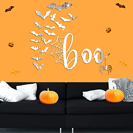 Halloween Spider Bat Wall Decor Bat Boo Decorations Wall Decal 3D Bats Decor Wall Stickers Self Adhesive DIY Halloween Mirror Decor Removable Spider Acrylic Sticker for Window Wall Mirror(Silver)