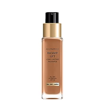 Max Factor Radiant Lift Liquid Pump Medium to Full Coverage Radiant Finish Foundation with SPF30 and Hyaluronic Acid, 100 Soft Sable, Dark Skin Tone, 30ml