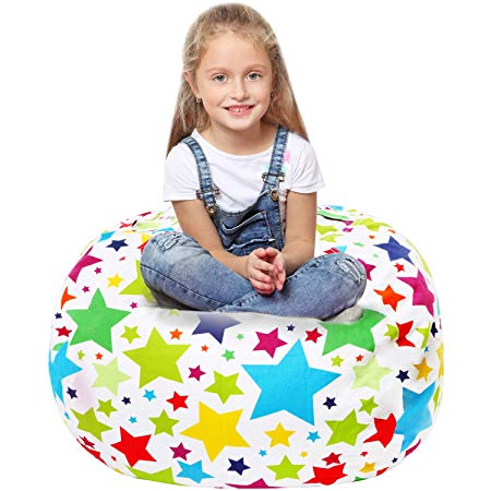 Stuffed Animal Storage Bean Bag - Holds 90  Plush Toys - Converts from Bin Cover to Comfy Chair - Durable Activity Organizer for Boys and Girls - Sweet Addition to Any Kid's Room - Stars, 32 inches