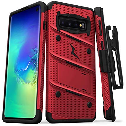 ZIZO Bolt Heavy-Duty Galaxy S10 Case | Military-Grade Drop Protection w/Kickstand Bundle Includes Belt Clip Holster   Lanyard Designed for 6.1 Samsung S 10 Red Black