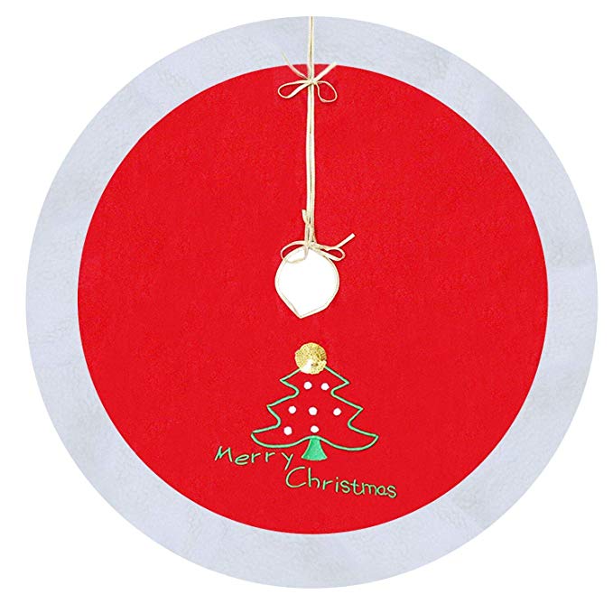 Mosoan 40" Red and White Christmas Tree Skirt with Embroidered “Merry Christmas” and Christmas Tree Sign - Traditional Velvet Holiday Christmas Decorations - 40 inches