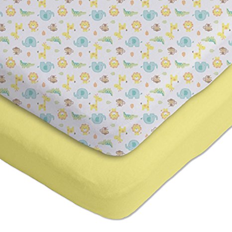 Gerber 2 Pack Cotton Knit Fitted Crib Sheets Yellow/White Jungle Design