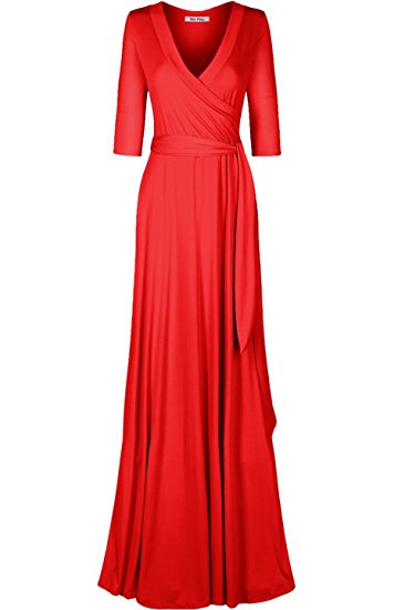 Bon Rosy Women's 3/4 Sleeve Deep V-Neck Maxi Faux Wrap Dress
