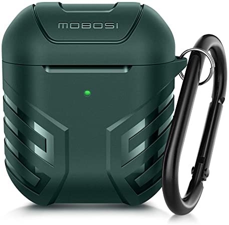 MOBOSI Vanguard Armor Series AirPods Case Cover Designed for AirPods 2 & 1, Full Protective Military AirPod Case with Keychain for AirPods Wireless Charging Case, Midnight Green [Front LED Visible]