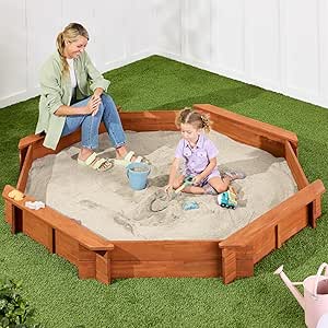 Best Choice Products Kid's Large Octagonal Wooden Outdoor Sandbox with Cover w/ 4 Reinforced Benches, 8 Seats, XL Sandpit, Bottom Liner - Brown