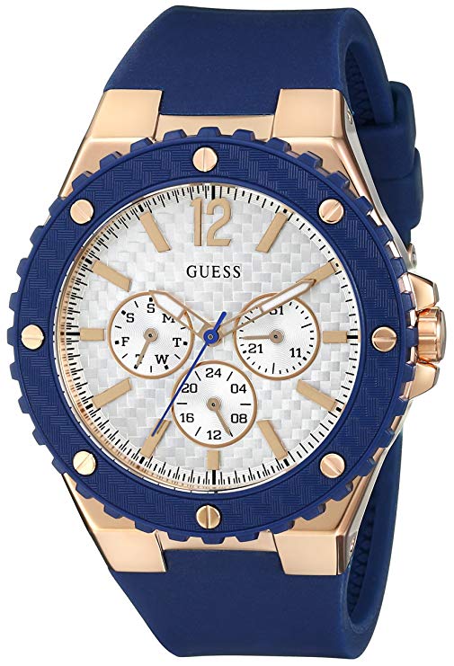 GUESS Women's U0452L3 Sporty Oversized Multi-Function Watch on a Comfortable Navy Blue Silicone Strap with Rose Gold-Tone Accents