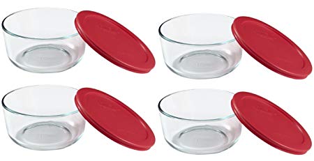 Pyrex Storage 4-Cup Round Dish with Red Plastic Cover, Clear (Case of 4 Containers)