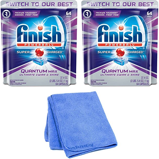 Finish Quantum Max Powerball, 64ct, Dishwasher Detergent Tablets, Ultimate Clean & Shine (2-Pack) with Cleaner Cloth