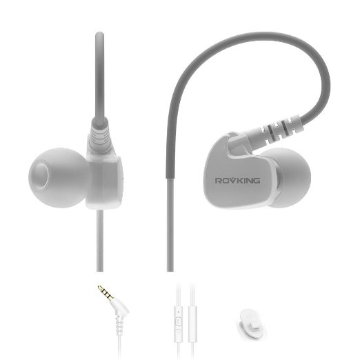 Rovking Sweatproof Sport Workout Headphones In Ear Bass Exercise Earpods with Remote and Mic Noise Sound Isolating Sports Earbuds for Running Gym Jogging Earphones for iPod iPhone Samsung HTC White