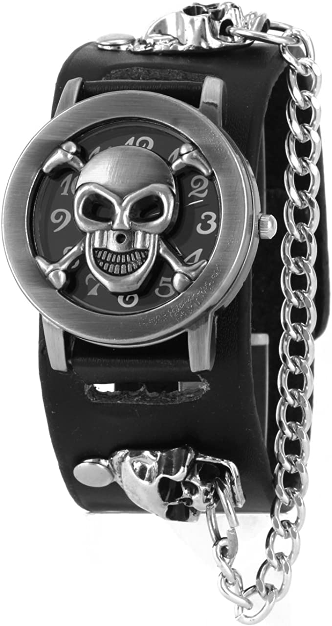 ALIENWOLF Fashion Men Punk Rock Skull Skeleton Leather Band Unisex Bracelet Wrist Watch