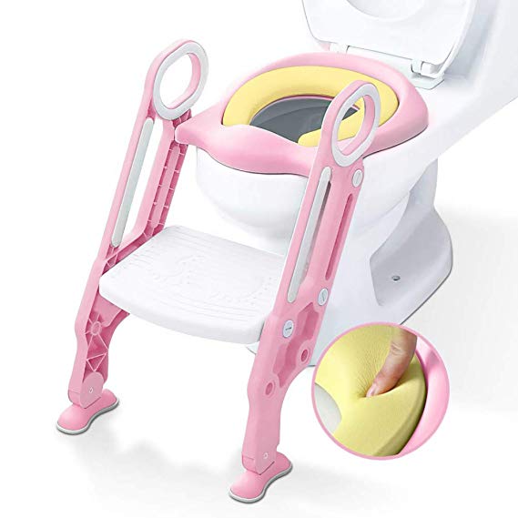 Mangohood Potty Training Toilet Seat with Step Stool Ladder for Boys and Girls Baby Toddler Kid Children Toilet Training Seat Chair with Handles Sturdy Wide Step (Pink White Upgrade Pu Cushion)