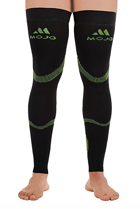 Mojo Sports Recovery Compression Thigh Sleeve - Graduated Compression Stockings Treat Hamstring and Quad Injuries - Hamstring Compression Sleeve - Running Compression Thigh Sleeve (Small, Black Green)