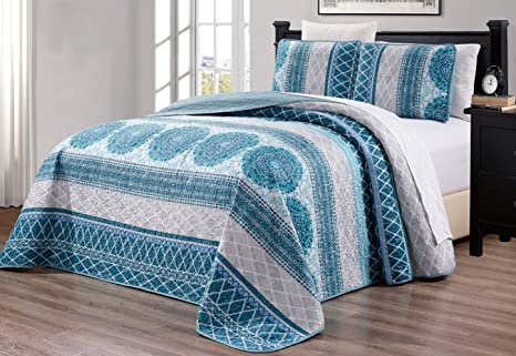 2-Piece Oversize (60" X 90") Fine Printed Prewashed Quilt Set Reversible Bedspread Coverlet Twin/Twin XL Size Bed Cover (Turquoise Blue, Grey, White, Navy)