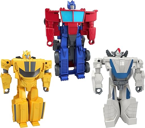 Transformers Toys 1-Step Flip Heroes 3-Pack, 4-Inch Wheeljack, Bumblebee, and Optimus Prime Action Figures for Kids Age 6 and Up (Amazon Exclusive)