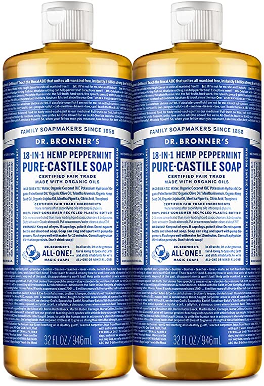 Dr. Bronner'S Magic Soaps Pure-Castile Soap, 18-In-1 Hemp Peppermint, 32-Ounce Bottles (Pack Of 2)