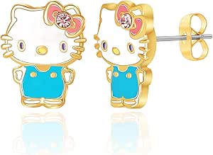 Sanrio Hello Kitty Earrings for Women Official License, Yellow Gold Flash-Plated and Enamel Hello Kitty Stud Earrings