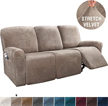 H.VERSAILTEX 8-Pieces Recliner Sofa Covers Velvet Stretch Reclining Couch Covers for 3 Cushion Sofa Slipcovers Furniture Covers Form Fit Customized Style Thick Soft Washable(Large, Taupe)