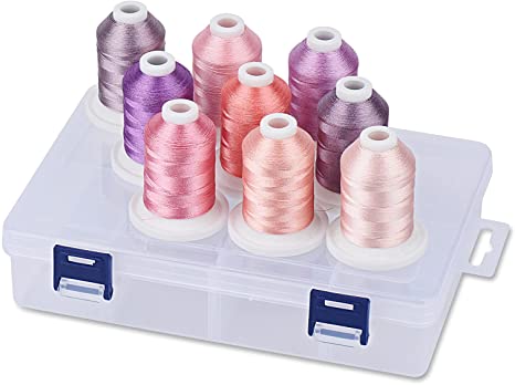 Simthread Embroidery Thread with Storage Box, 800 Yards Snap Spools 9 Romantic Pink and Purple Colors for Embroidery and Sewing Machine