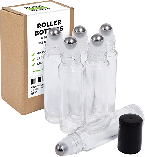 6 Clear Essential Oils Roller Bottles - Metal Rollers - FREE Recipe eBook for Roll-ons! - Useful for Aromatherapy - Mix with Fractionated Coconut, Jojoba, Almond and Other Carrier Oil - Solid Glass