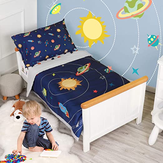 TILLYOU 5 Pieces Space Theme Toddler Bedding Set (Embroidered Quilt, Fitted Sheet, Flat Sheet, Pillowcases) - Microfiber Printed Nursery Bedding for Boys Girls, Navy Blue