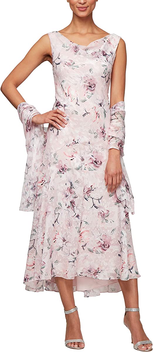 Alex Evenings Women's Sleeveless Printed Chiffon Dress with Shawl