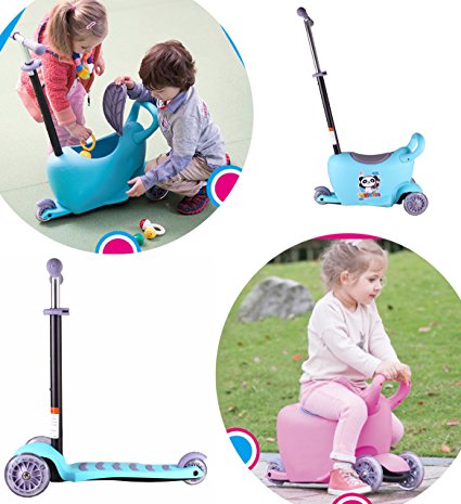 X-Free 3-in-1 Deluxe1-8 Years Kids Scooter with Light Up Wheels（Scooter Complete with Knee Elbow and Helmet)Blue or Pink