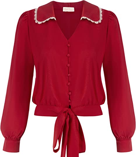 Belle Poque Women's V Neck Blouses Turn-Down Collar Crop Tops Lantern Long Sleeve Button Waist Tie Knot Vintage Shirts