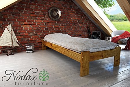 New wooden solid pine bedframe "F15" with sturdy plywood slats (90 x 190 cm, oak)