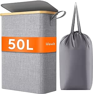 Lifewit 50L Slim Laundry Hamper with Lid, Narrow Laundry Basket with Removable Bag & Bamboo Handles, Fodable Thin Dirty Clothes Hamper for Laundry Collapsible Bin for Bathroom Bedroom Dorm, Gray