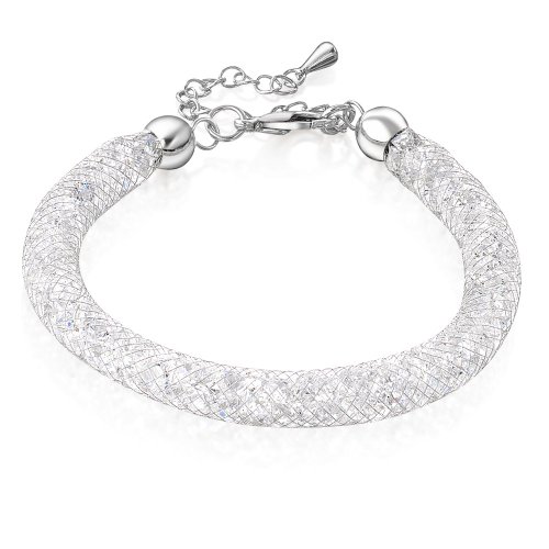 Mytys Stardust Crystal Cubic Zirconia Silver Mesh Bangle Charm Bracelet