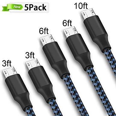 ONSON Micro USB Cable,5Pack 2x3FT 2x6FT 10FT Premium Nylon Braided Android Charger USB to Micro USB Charging Cable Samsung Charger Cord Compatible Samsung Galaxy S7 Edge/S7/S6/S4/S3,Note 5/4/3-Blue