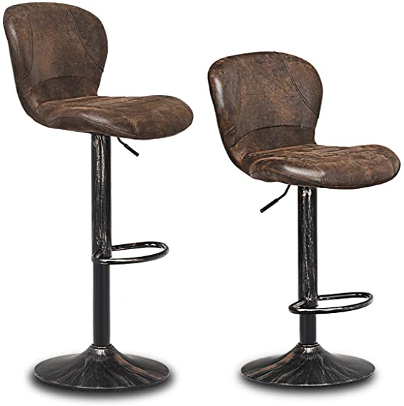 COSTWAY Vintage Bar Stool, Set of 2 Armless Hydraulic Lift Adjustable Seat Height with Footrest, Hot-Stamping Cloth and Backrest for Kitchen Dining Living Bistro Pub Counter Back Barstool, Brown