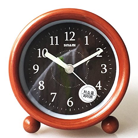 Wooden Alarm Clock Smart Round Silent Table Snooze With Nightlight (Dark brown)