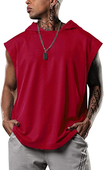Mens Tank Tops Sleeveless Summer Plain Hoodies Casual Large Sports Vest Top for Bodybuilding Workout(Red,L)