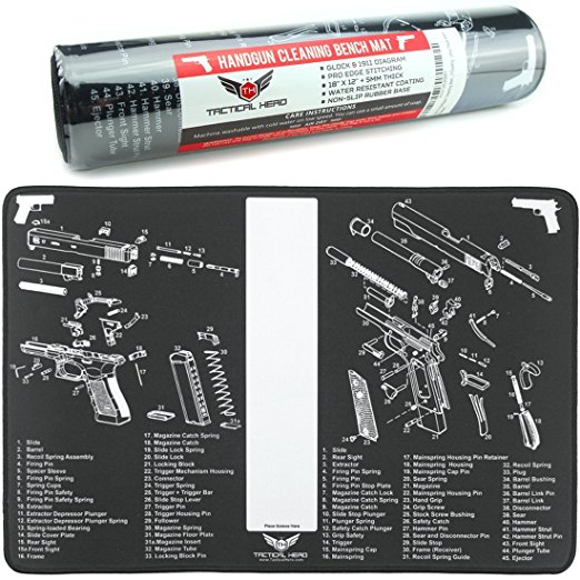 18x12 Handgun Cleaning Bench Mat Glock & 1911 Diagrams - Waterproof Coating, Ultra Thick 5mm Pad & Stitched Edges