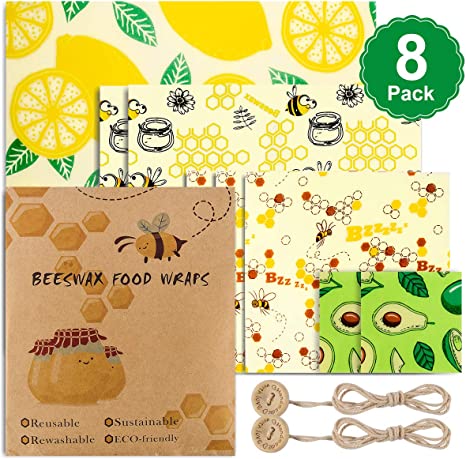 Uarter Beeswax Wraps Set of 8 Eco Friendly Washable Reusable Beeswax Food Wraps, Cheese and Sandwich Wrappers, Bowl Covers -Alternative to Cling Film