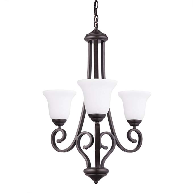 CO-Z Oil Rubbed Antique Bronze 3-Light Chandelier, 3 Light Ceiling Lighting Fixture with Satin Etched Cased Opal Glass Shade, Hanging Pendant Light for Living Room Dining Room Foyer Hallway Bedroom