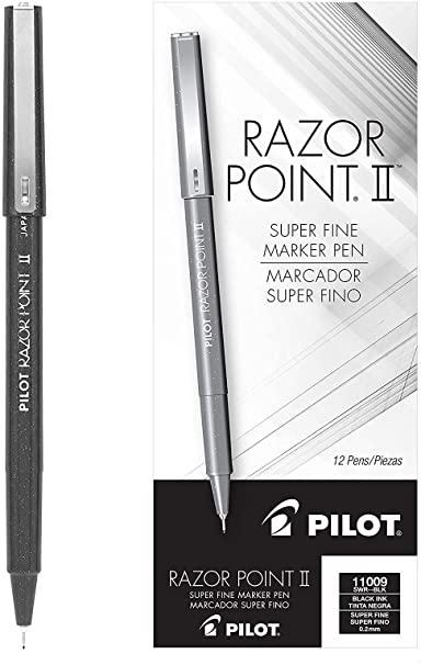 Razor Point II Fine Line Marker Stick Pens, Super Fine Point (0.2mm) Black Ink, 1 Pack of 12