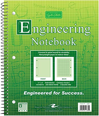Roaring Spring Signature Collection 5x5 Grid Spiral Bound Engineering Pad, 20# Green, 3 Hole Punched, 11" x 9" 80 Sheets, Green Paper