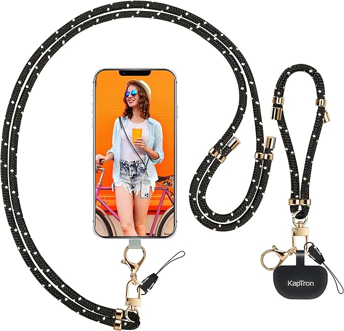 Kaptron Universal Phone Lanyard with Wrist Strap, Adjustable Crossbody Cell Phone Lanyard Neck Strap and Wristlet Strap with 2 Lobster Clips, Phone Tether Patches and Phone Straps
