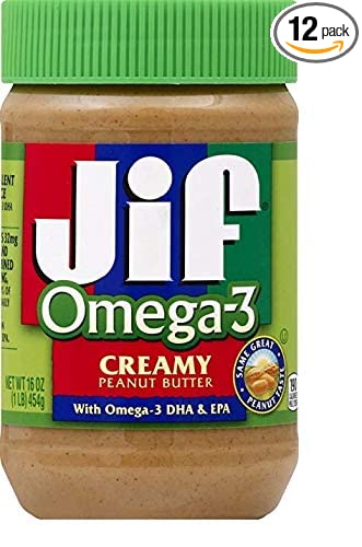 Jif Omega-3 Creamy Peanut Butter, 16 Ounces (Pack of 12), Contains 32mg of Omega-3 DHA & EPA, Smooth, Creamy Texture, No Stir Peanut Butter
