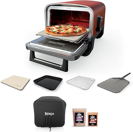 Ninja OO101 Woodfire 8-in-1 Outdoor Oven, Pizza Oven, 700°F, BBQ Smoker, Portable, Electric, Terracotta Red with XSKOPPL Pizza Peel XSKOCVR Cover   XSKOP2R Woodfire Pellets