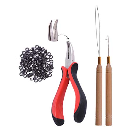 Hair Extensions Kit:I-tip Hair Pliers, Micro Pulling Needle, Loop Threader and 200pcs Micro Silicone Rings（Black)