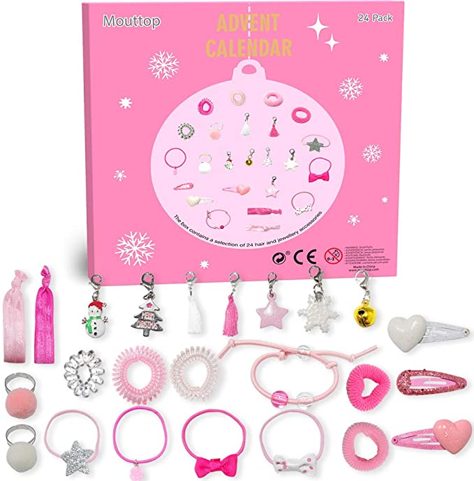 Girls Advent Calendar,DIY Hair Jewelery 2019 Countdown to Christmas for Girls Kids Include Fashion Hair Ties Pins,Cut Charms -24 pcs Gift