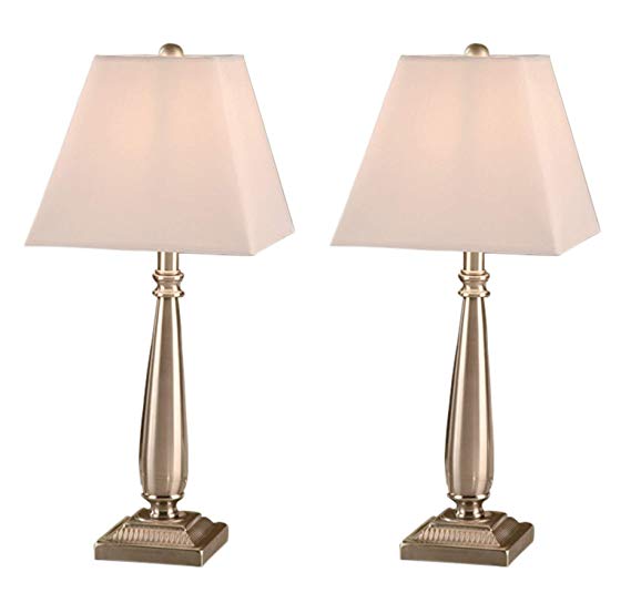 King's Brand Brushed Nickel Table Lamp with Square White Shades Set of 2 Table Lamps