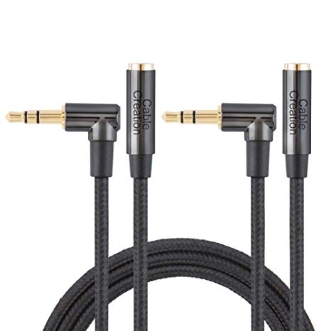 3.5MM Extension,CableCreation [2-Pack 3FT] Right Angle Male to Female Audio Stereo Cable,Jack HiFi Cable with Silver-Plating Copper Compatible Car,iPhones,Sony Beats,PS4 Headset,24K Gold Plated, Black