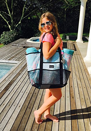 Bombshell Beach Bags - extra large 17.5"L x 15.15"H x 9.6"W inch lightweight beach, gym, toy or even tennis totes with keychain, zip pouch and separate waterproof smart phone case.