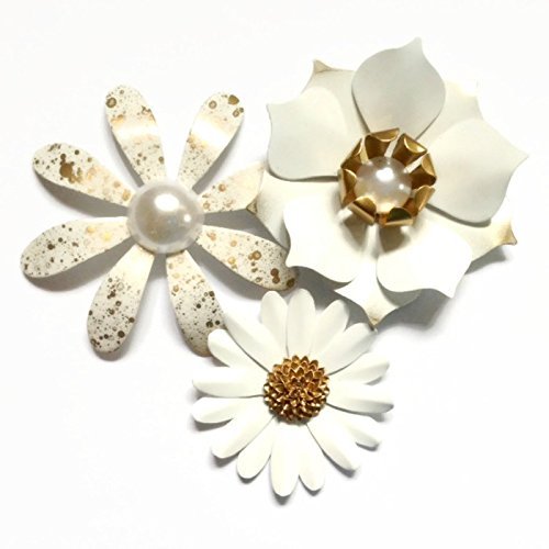 Set of 3 White and Gold Tone Enamel Flower Brooches