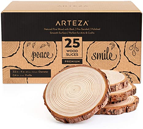 Arteza Natural Wood Slices, 25 Pieces, 3.5-4 Inch Diameter, 0.4 Inch Thickness, Round Wood Discs for Crafts, Centerpieces & Paintings, Sanded & Polished Circles